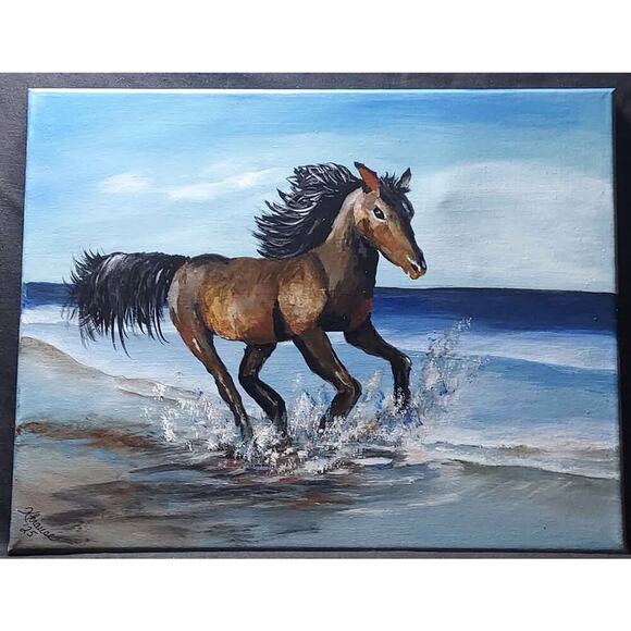 Other - Original Acrylic Horse Painting – Galloping by the Ocean, Coastal Wall Art